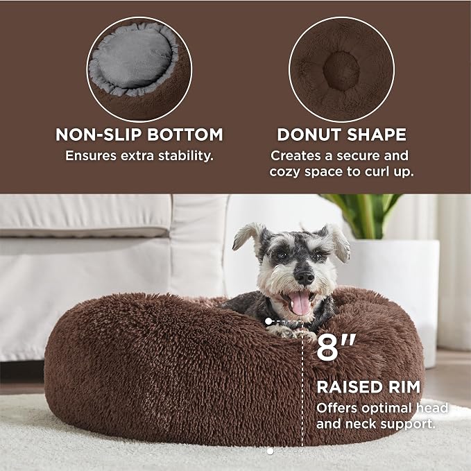 Bedsure Calming Small Medium Dog Bed Donut Washable Puppy Bed,27ins Coffee | Fluffy Faux Fur Round Cuddler,Machine Washable,Anti-Slip Bottom,Anti-Anxiety,Deep Sleeping for Pets Up to 35 Lbs - Image 3