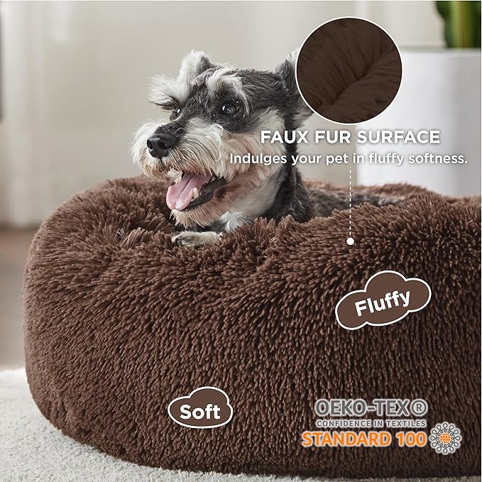 Bedsure Calming Small Dog Bed Donut Washable Cat＆Puppy Bed,23 inches Coffee | Fluffy Faux Fur Round Cuddler,Machine Washable,Anti-Slip Bottom,Anti-Anxiety,Deep Sleeping for Large Cat & Pets Up to 25 Lbs - Image 2