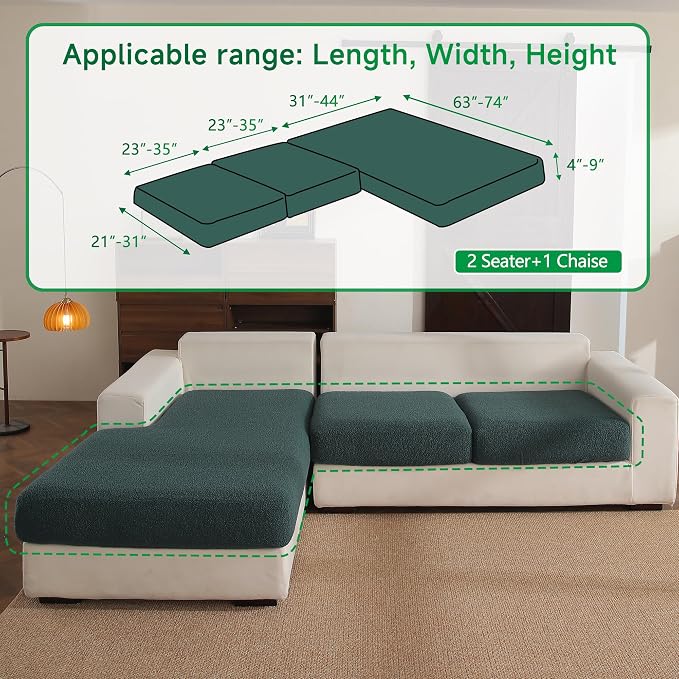 OHSIO Couch Cushion Covers for Sectional Sofa, Stretch Soft Sofa Slipcovers Washable Wear-Resistant Universal Furniture Protector for Living Room(2 Seaters Covers+1 Chaise Cover, Green) - Image 2