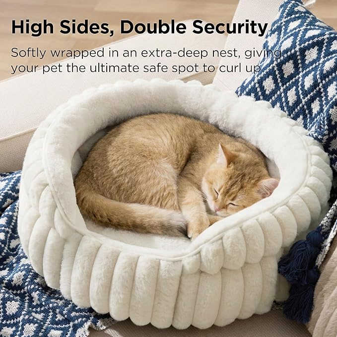 Bedsure ComfyFleece™ Washable Cute Cat Bed,Soft Round Kitten Bed,20in,Cream | Cozy Fluffy Plush Small Dog Bed,Donut Corduroy Cuddler Pet Beds for Small & Large Indoor Cats,Anti-Slip Bottom,Up to 15 Lbs - Image 2
