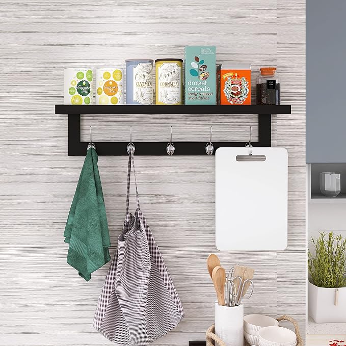 SMIBUY Coat Hooks with Shelf Wall-Mounted, 29.2 Inch Entryway Coat Rack for Wall, Bamboo Hanging Shelf with 5 Double Metal Hooks for Bathroom, Bedroom, Kitchen, Living Room, Mudroom (Black+Silver) - Image 3