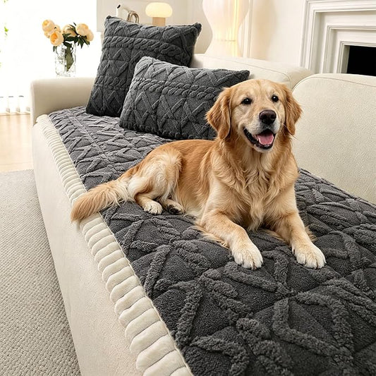 OTOB Couch Cover for Dogs Washable Pet Friendly, Non Slip Plush Fuzzy Love Seat Couch Covers Sofa Slipcovers, Geometric Jacquard Soft Pet Cushion Mat Furniture Protector (Dark Gray, 27.6" x 59.1") by OTOB