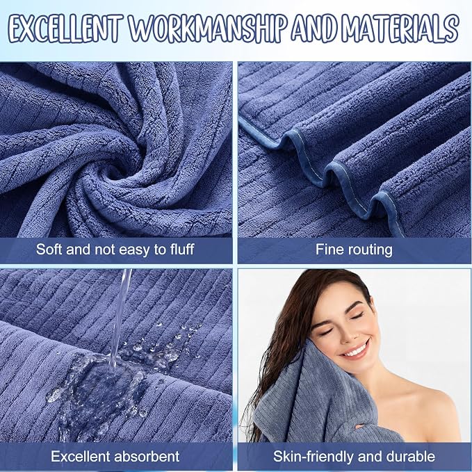 SmoothNovelty 16 Pack Microfiber Bath Towels Bulk 27'' x 60'' Oversized Size Bath Towel Highly Absorbent Extra Large Soft Drying for Beach Shower Summer Salon Sport Gym Party (Stripe,Dark Blue) - Image 3