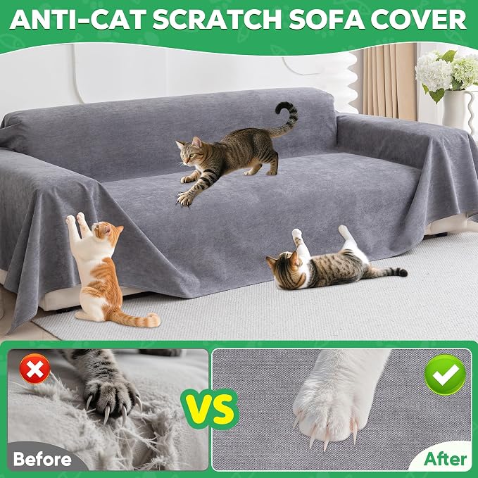 Loiion Cat Scratch Furniture Protector - Anti-Slip, Waterproof Sofa Cover to Keep Cats Off, Pet-Friendly Couch Protectors for 3 Cushion Couch, Gray Anti-Scratch Couch Cover for Pets and Kids 134"X71" - Image 3