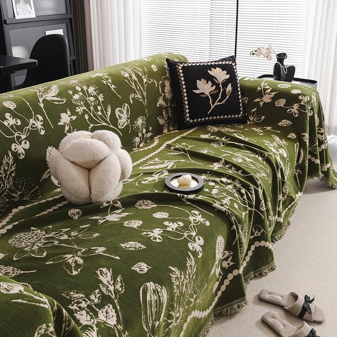 STACYPIK Vintage Jacquard Floral Couch Cover for Dogs, Washable Green Garden Sofa Cover for 3 Cushion Couch, Anti Slip Sofa Covers for Sectional, Boho Chenille Pets Protector for Living Room-71X134IN - Image 9