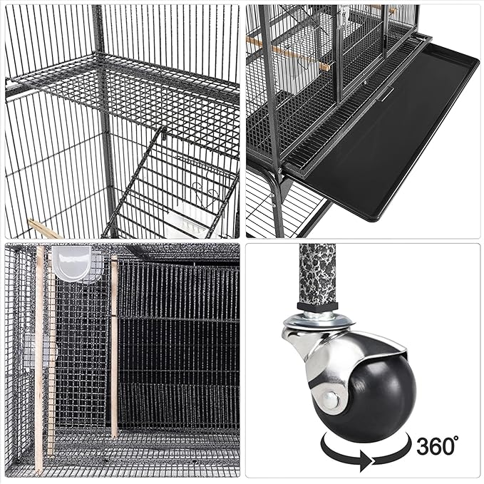Yaheetech 69" Large Bird Cage for Parakeets, Budgies, 3-Tier Flight Cage | Detachable Rolling Stand, Easy Cleaning Slide-out Tray, Multi-door Access, 0.4'' Bar Spacing, Free Accessories - Image 4