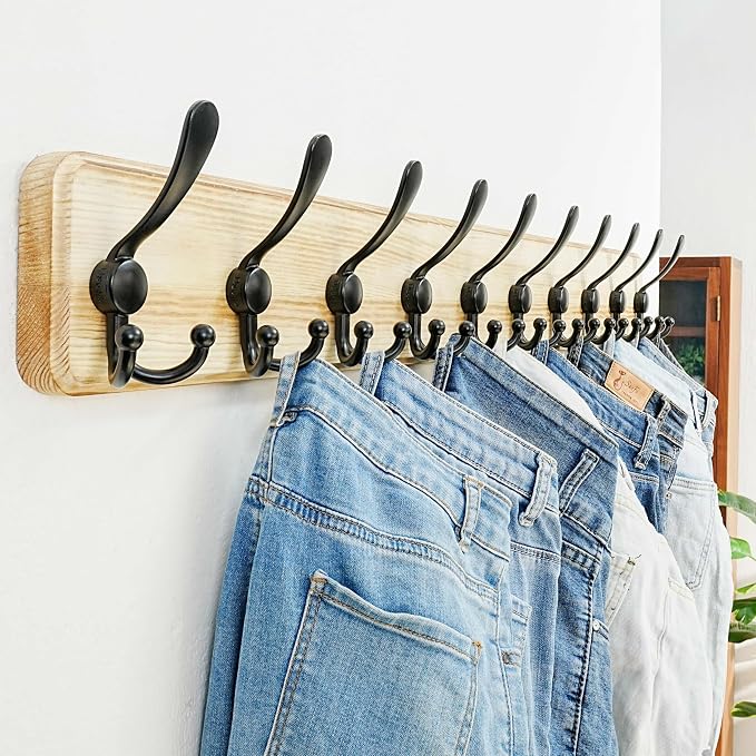 Dseap Coat Rack Wall - Heavy-Duty 38-1/4" Long, with Reinforced 10 Custom Tri-Hooks, Solid Wood Wall Hanger for Coats Hat Jackets - Rustic Farmhouse Entryway Hallway Storage, Light Brown & Black - Image 3