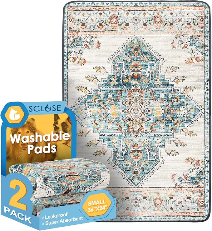 SCLOSE Washable Pee Pads for Dogs 2 Pack, 36" x 24" Reusable Puppy Pads Waterproof, Super Absorbent Dog Rugs, Leakproof, Dog Crate Pad, Playpen Mat, Whelping Pads, Blue Medallion by SCLOSE