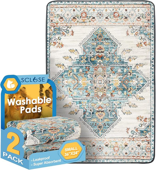 SCLOSE Washable Pee Pads for Dogs 2 Pack, 36" x 24" Reusable Puppy Pads Waterproof, Super Absorbent Dog Rugs, Leakproof, Dog Crate Pad, Playpen Mat, Whelping Pads, Blue Medallion by SCLOSE