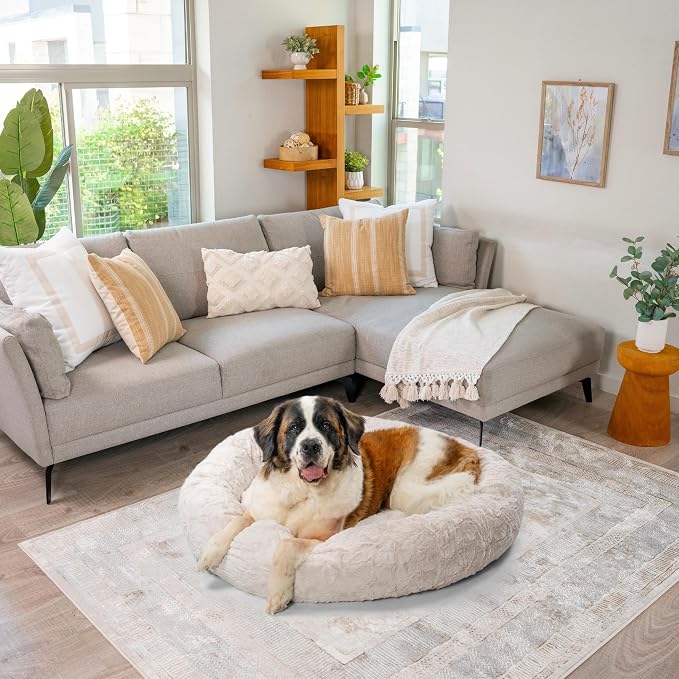 Best Friends by Sheri The Original Calming Donut Dog Bed for Extra-Large Dogs up to 150 lbs, Lux Faux Fur, Oyster, 45" x 45" - Image 7