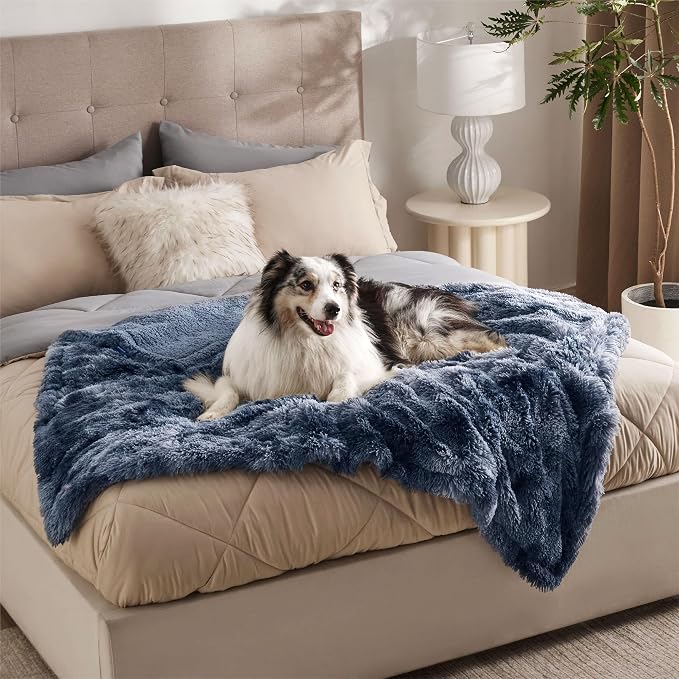 Bedsure Waterproof Dog Blankets for Large Dogs, Fluffy Faux Fur, 50×60" | Plush Fuzzy Reversible Pet Blankets for Couch and Dog Bed, Soft Calming Throw Cat Blanket Washable, Dog Gift, Tie-dye Navy - Image 2