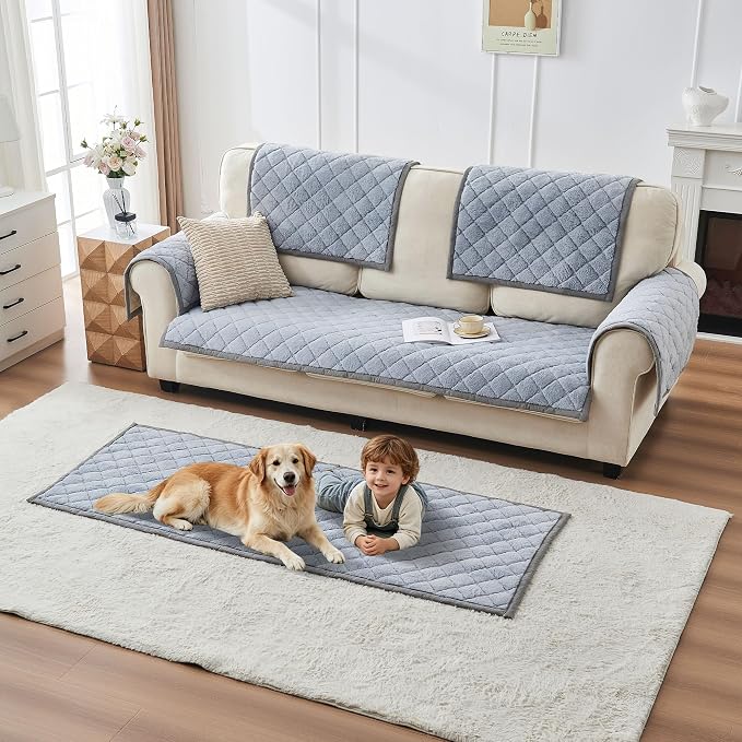 beeweed Couch Covers for Sofa, Couch Covers for Dogs Washable, Non Slip Plush Sofa Slipcovers, Couch Furniture Protector Pet Friendly, Diamond Pattern, Light Grey, 27.6” x 70.9” - Image 5