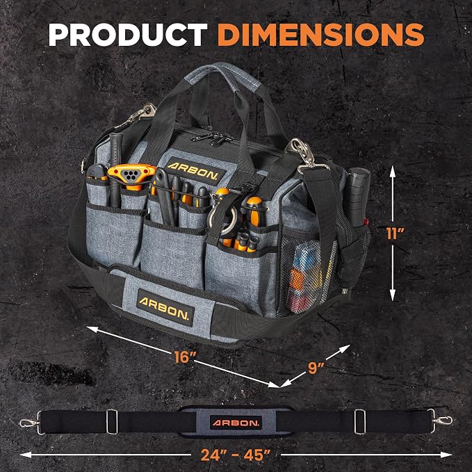 Arbon Electrician Tool Bag, Heavy Duty Tool Organizer, 34 Pockets, 52+ lb | Large storage for men, 5-layer reinforced walls, metal frame, hard molded base, water resistant polyester PP plastic, gray - Image 2