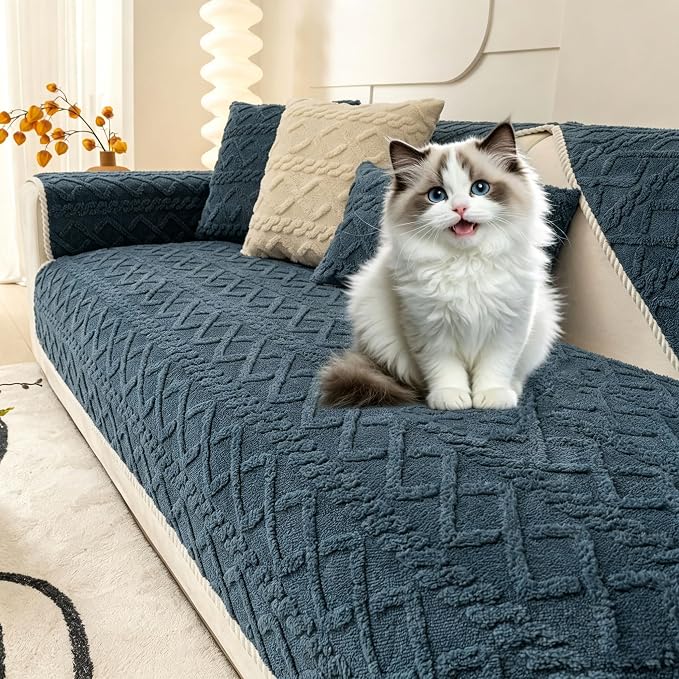 OTOB Couch Cover for Dogs All Season, Non Slip Washable Geometric Jacquard Soft Plush Pet Couch Covers, Cozy Sectional Dog Cat Furniture Protector Sofa Slipcovers, 1 Piece (Hazy Blue, 35.4"x94.5") by OTOB