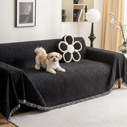 MEETSKY Washable Sofa Cover Black Sectional Couch Covers for 2 Cushion Couch Sofa Thick Universal Chenille Sofa Covers with Tassel Furniture Protector for Dogs, 71"x 102" by MEETSKY