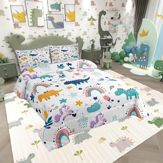 Manfei Cute Dinosaur Unicorn Bedding Set King Size,Cartoon Animal Star Rainbow Comforter Set for Kids Boys Teens Adult Room,Kawaii Flower Leaf Down Comforter Soft Quilt with 2 Pillow Cases - Image 2