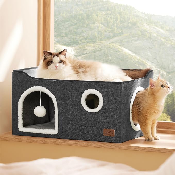 Bedsure Extra Wide Cat House Bed with Fluffy Ball and Scratch Pad | Dark Grey 23.6x16.9x13 in,Indoor Cat Cave for Multiple Pets, Foldable Cat Hideway Cube for Sleeping Large Cat and Kitten - Image 7