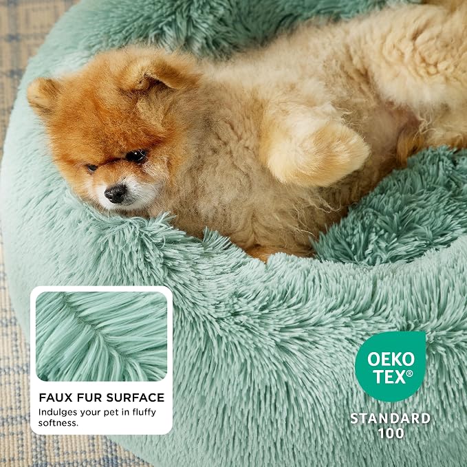 Bedsure Calming Small Dog Bed Donut Washable Cat＆Puppy Bed,23 inches | Fluffy Faux Fur Round Cuddler,Anti-Slip Bottom,Anti-Anxiety,Deep Sleeping for Large Cat & Pets Up to 25 Lbs,Apple green - Image 2