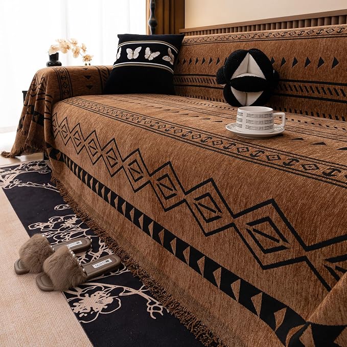VClife Bohemian Couch Cover for Dog, Plush Thick Chenille Aztec Couch Cover for 2 Cushion Couch Sofa Pet Friendly Sofa Slipcover with Tassel 71"X118" - Image 4