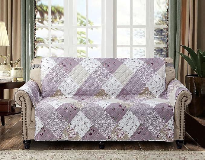 Brilliant Sunshine Lilac & Beige Roses Loveseat Cover, 54" seat | Non Slip Sofa Cover, Patchwork Design, Quilted Furniture Protector, Large Washable Love Seat Slipcover for Pets, Dogs & Cats by BrilliantSunshine