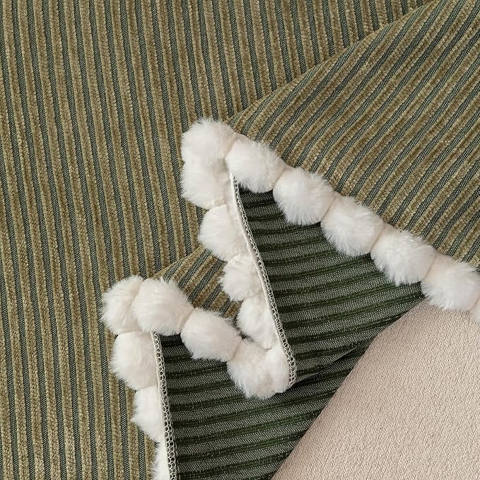 Olive Green Striped Chenille Sofa Cover for Dogs, Modern Boho Couch Cover for Sofa Washable, Non Slip Pets Couch Protector for 2 Cushion Couch with Pom Pom Edge, Sectional Slipcover Blanket-71X118IN - Image 4