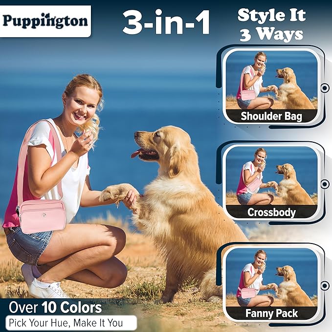 Puppington 3-in-1 Crossbody & Dog Treat Pouch for Pet Training - Matching Compostable Poop Bags, Built-In Poop Bag Dispenser & Slow-Feeding Travel Dog Bowl - Dog Walking Bag (Blush Pink) - Image 2