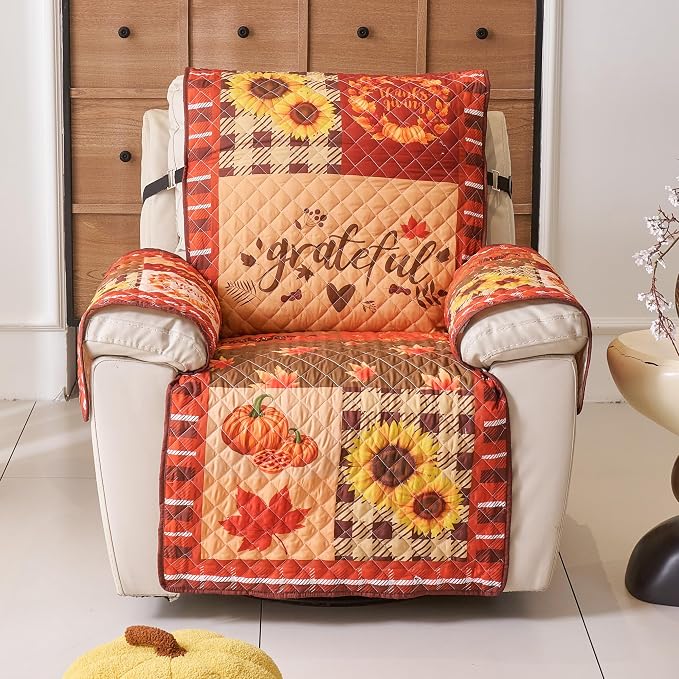 EVENHUG Fall Sofa Cover for Festival Home Decorations Thanksgiving Slipcover Furniture Protector Washable Couch Cover with Non Slip and Elastic Straps for Kids Pets Dogs (Recliner) - Image 3