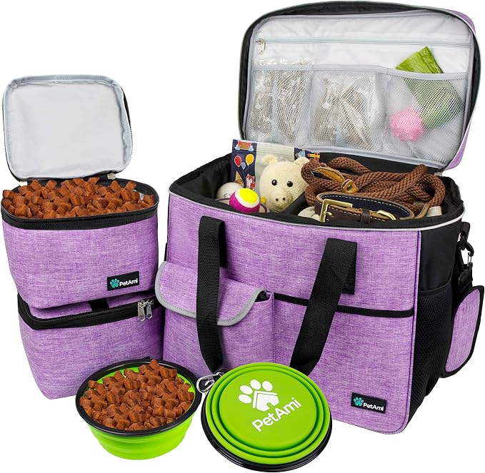 PetAmi Dog Travel Bag Organizer, Pet Travel Kit with 2 Food Containers & 2 Collapsible Dog Bowls, Pet Supplies Tote with Luggage Sleeve, Weekend Road Trip Camping Essentials, Purple, Large by PetAmi