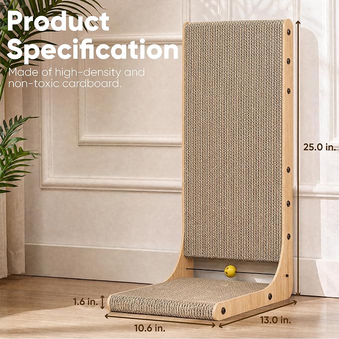 FUKUMARU Cat Scratcher 2 Packs, 25 Inch Cat Scratching Boards, L Shaped Pad | Cardboard Cat Scratcher for Indoor Cats, Vertical Scartch Pads with Ball Toy, Kitten Scratching Post Wall, Wood Color - Image 5