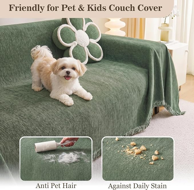 MEETSKY Couch Cover Washable for Dogs Sectional Couch Covers Chenille Sofa Covers Living Room Pet Couch Protector Sofa Slipcovers for Pets,Kids, 71"x 102", Moss Green - Image 2