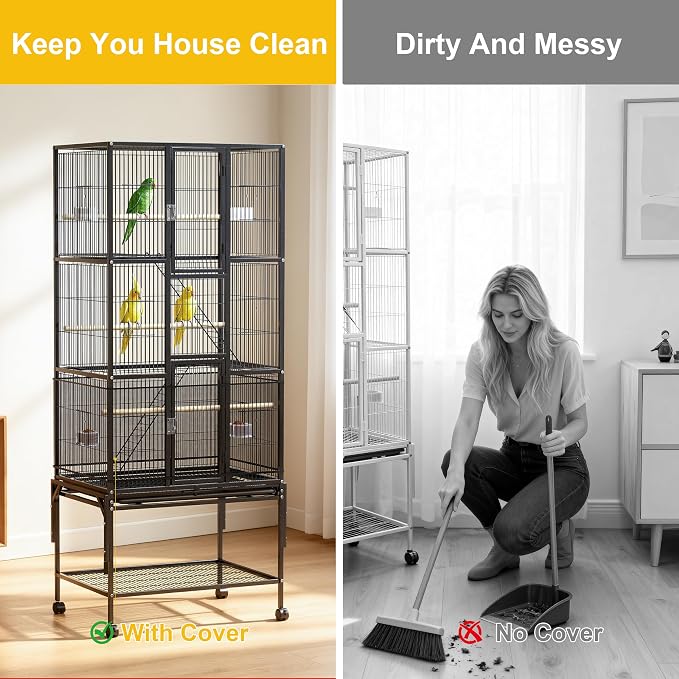 69-Inch Large Bird Cage with Dust Cover,Extra Large Bird Cages for Parakeet | Birdcages for Cockatiels Quaker Conure Lovebird Finch Canary Small Medium Parrot with Rolling Wheels,Black - Image 3