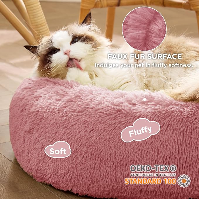 Bedsure Calming Cat Beds Donut Round Washable Kitten Bed,20 inches | Fluffy Faux Fur Cuddler,Anti-Slip Bottom,Anti-Anxiety,Deep Sleeping for Cats&Small Pets Up to 15 Lbs,Mauve Blush - Image 2