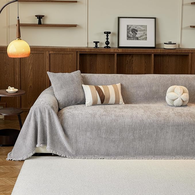 VClife Vintage Light Gray Striped Couch Cover with Tassel, 71" X 134" | Soft Thick Chenille Couch Covers for 3 Cushion Couch Sofa, Washable Sofa Covers for Sectional Sofa, Fade & Shrink Resistant - Image 4