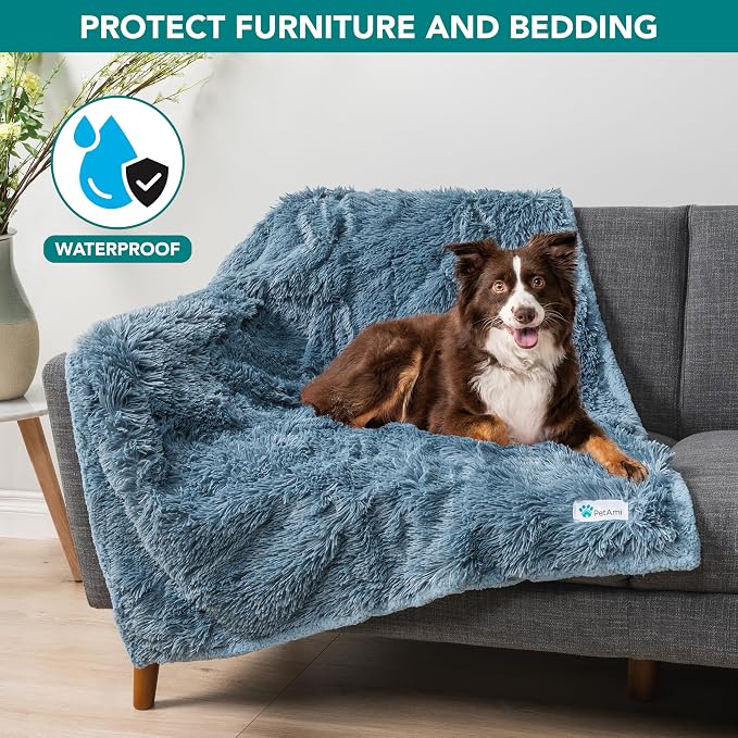 PetAmi Waterproof Dog Blanket for Couch, Bed & Furniture,Reversible Sherpa & Faux Fur Pet Blanket, Leakproof Pet Blanket for Large Dog Cat, Washable Soft Calming Protector Throw (60x80, Light Blue) - Image 2