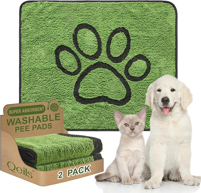 Qeils Reusable Dog Pee Pads, Washable Puppy Pads, Leak-Proof 30"x34" 2 Pack | Super Absorbent And Non-Slip Potty Training Pads, Soft Paw Print Plush Design, Ideal For Crates, Couch, Car Seats & Pet Beds by Qeils