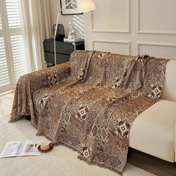 DREAMINGO Chocolate Brown Couch Protector Boho Sofa Covers for 2 Cushion Couch Geometric Jacquard Soft Chenille Furniture Cover for Dogs Washable Vintage Sofa Slipcovers for Sectional, 71"x118" - Image 2
