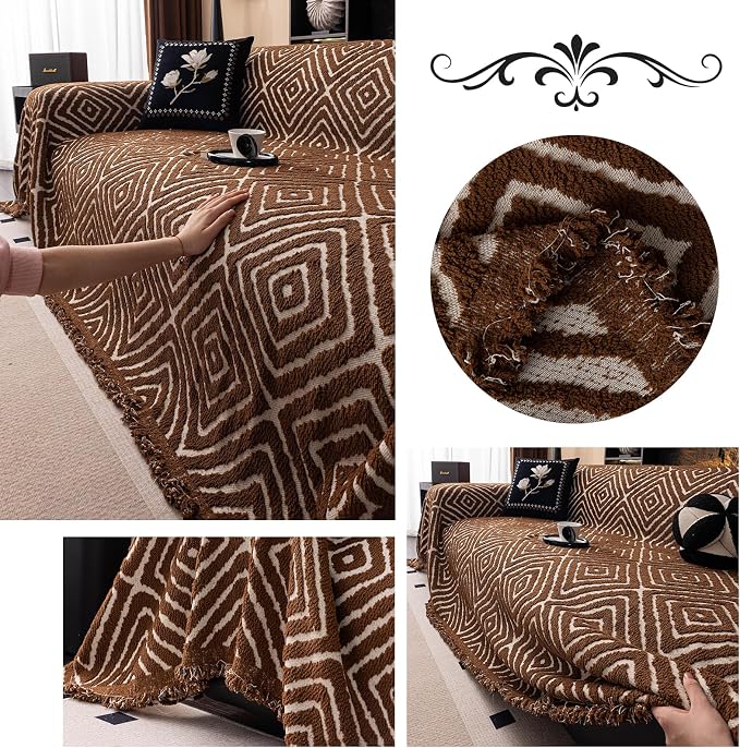 ROOMLIFE Couch Cover 3 Cushion Sofa, Washable Non Slip Furniture Sofa Protector Cover, Soft Chenille Sofa Slipcovers Sectional L Shape Dogs Couch Cover Throw Blanket with Tassels 71''X150'' - Image 5