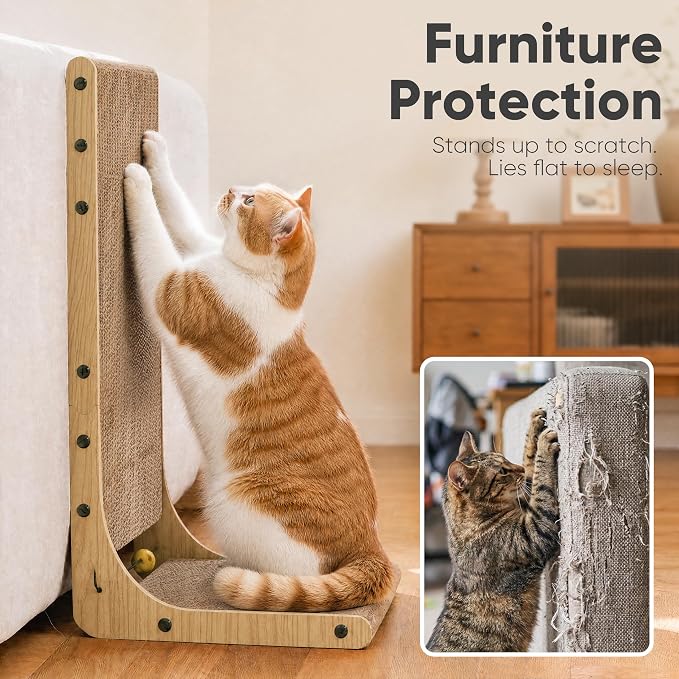 FUKUMARU Cat Scratcher 2 Packs, 25 Inch Cat Scratching Boards, L Shaped Pad | Cardboard Cat Scratcher for Indoor Cats, Vertical Scartch Pads with Ball Toy, Kitten Scratching Post Wall, Wood Color - Image 6