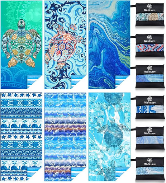 Widdonen Microfiber Beach Towel,Compact 6 Pack-71x32 Inch with Bag Travel | Extra Large,Lightweight,Thin,Sand Free,Quick Dry,Absorbent.Packable for Camping,Swim,Pool,Bath,Picnic,Cruise Essentials Gift by WIDDONEN
