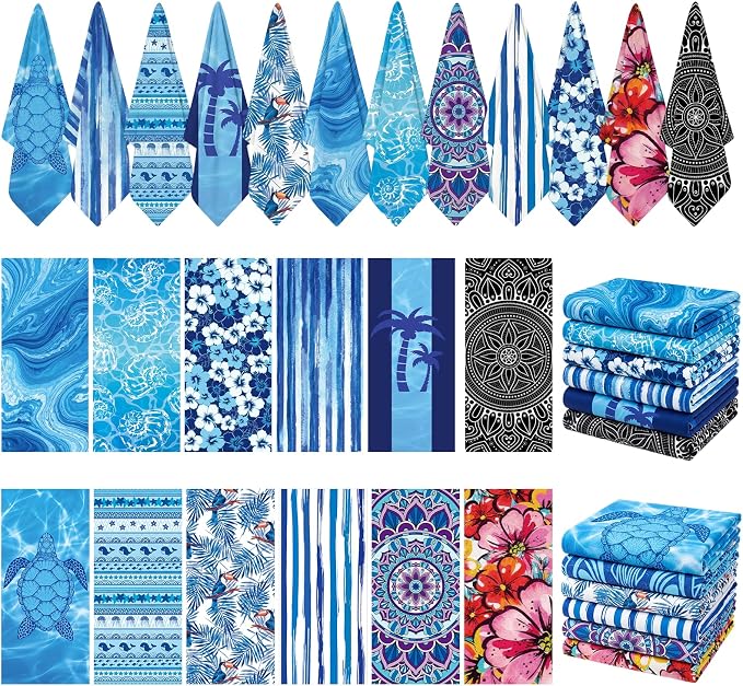 12 Pack Microfiber Beach Towel Set, 32x71 Oversized Extra Large Swim Pool Towel, Soft Fiber Beach Towels Set for Summer Travel, Spa, Swim Pool Accessories, Vacation Essential Gift (Blue and Floral Pac by Unknown