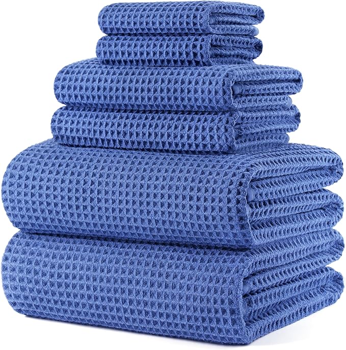 POLYTE 430 GSM Microfiber Quick Dry Lint Free Oversize Bath Towel Set, 6 Piece (Waffle Weave) by Polyte