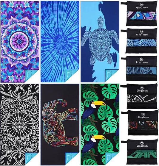6 Pack Microfiber Thin Lightweight Beach Towel Oversized 71x32 Extra Large Sand Free Towels for Travel Swim Pool Yoga Gym Camping for Adults Women Men Beach Essentials Accessories Vacation Gift by Qinqinamu