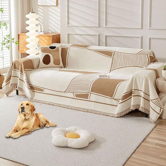 HAOMAIJIA Non Slip Couch Cover - Sofa Covers for 3 Cushion Sectional Couch - Washable Dog & Pet Furniture Protector - Living Room Blanket (Brown-Cream, 71"x134") by HAOMAIJIA