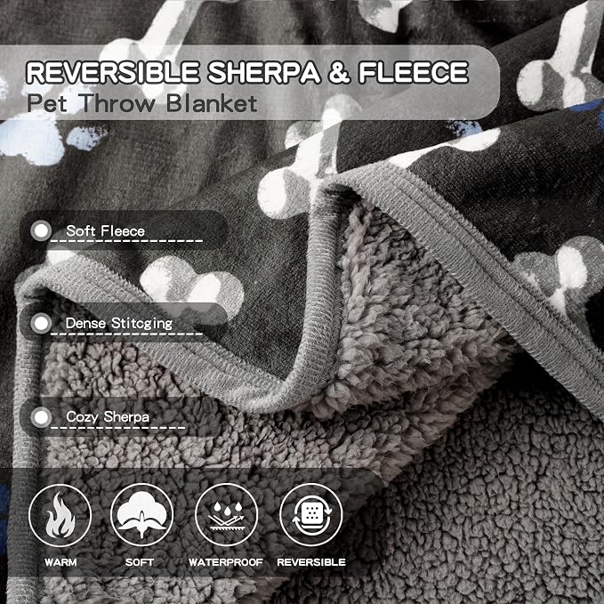Waterproof Dog Blankets Pet Blanket 50"x60", Soft Fluffy Sofa Car Bed Protector, Reversible Sherpa Fleece Dog Blanket for Large Dogs(Navy Paws) - Image 4