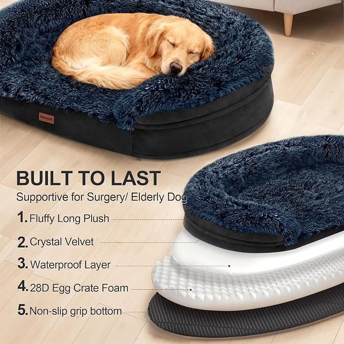 Fluffy Calming Jumbo Orthopedic Dog Beds for Extra Large Dogs, Supportive Dog Sofa Bed with 3.7 inch 28D Egg-Crate Foam, Removable Washable Plush Cover, Waterproof Lining, 48’’,Brown - Image 6