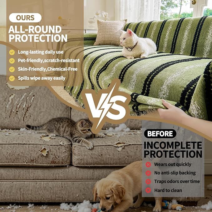 VANJOROY Couch Cover for 2 3 Cushion,Washable Couch Covers for Dogs Pets, Sofa Slipcovers Sectional Sofa L-Shape, Chenille Couch Cover for Sofa Cover Furniture Protector with Tassel,71"x 118" Green - Image 4