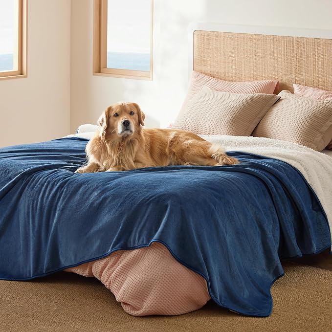 Bedsure Waterproof Blanket for Bed Soft Sherpa Fleece Throw,Queen 90x86 | Plush Cozy Calming Reversible Dog Blankets for Large Senior Dogs,Warm Bed Couch Cover,Pet Furniture Protector,Blue by Unknown