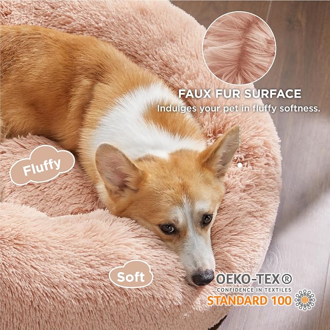 Bedsure Calming Dog Bed Medium Size Dog Donut Washable Pet Bed,30ins Pink | Fluffy Faux Fur Round Cuddler,Machine Washable,Anti-Slip Bottom,Anti-Anxiety,Deep Sleeping for Pets Up to 45 Lbs - Image 2