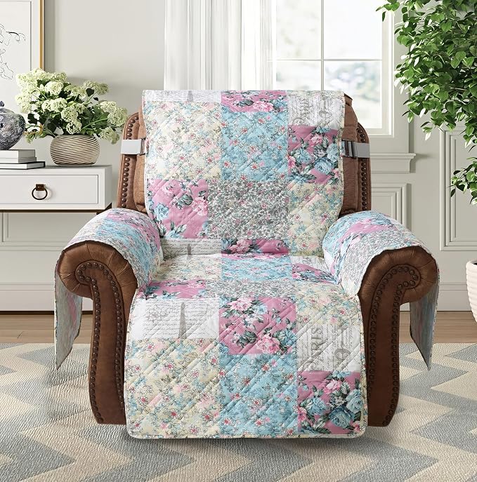 Brilliant Sunshine Lilac and Egg Blue Rose Toile Recliner Cover, 26" seat | Traditional Patchwork Design, Non Slip Sofa Cover, Quilted Furniture Protector, Washable Reclining Chair Slipcover for Pets - Image 3