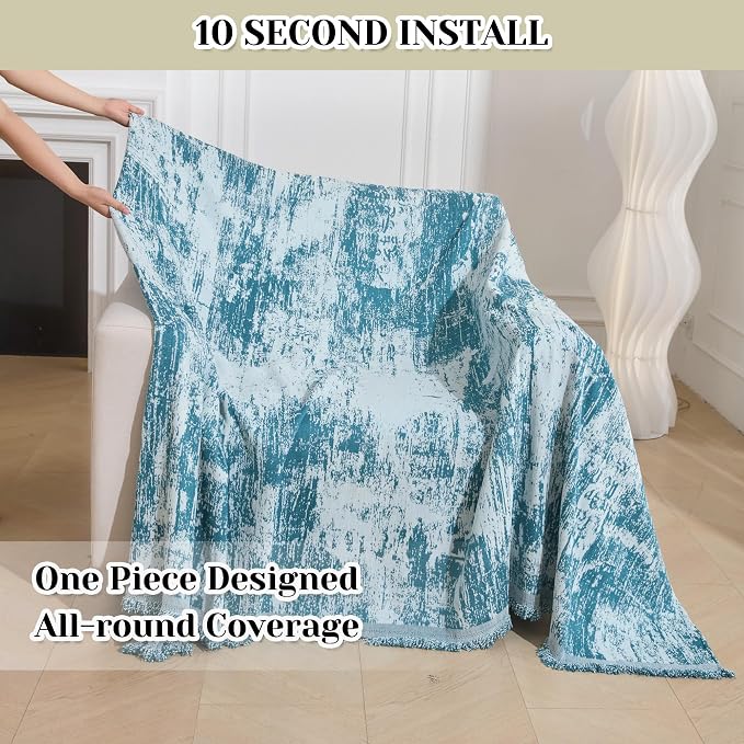 MEETSKY Small Couch Cover Oversized Chair Cover Washable Boho Recliner Slipcover, Pet Friendly Couch Protector with Tassels, Abstract Geometric Design, 71" x 91", Blue - Image 2